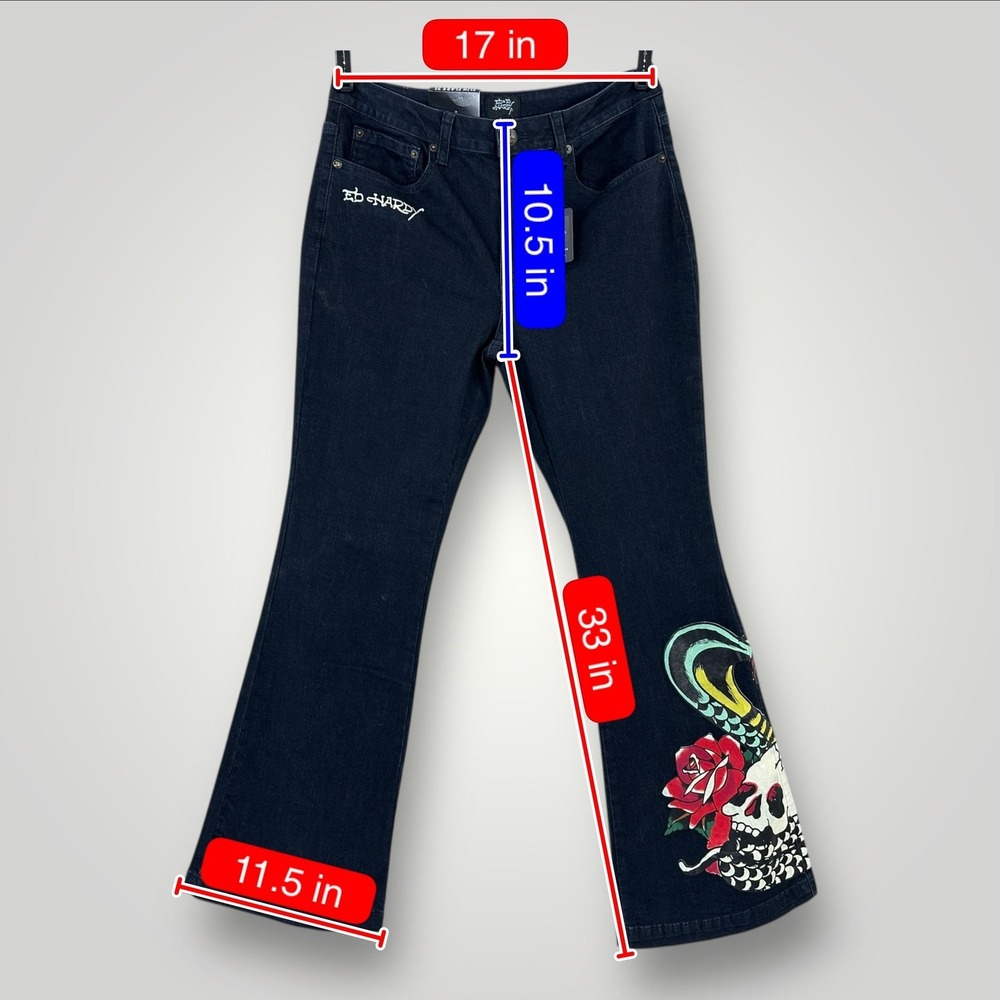 NEW Ed Hardy Jeans Skull Rose Women Size 32 Dark Wash Slim Flare Graphic Stretch - Picture 11 of 11